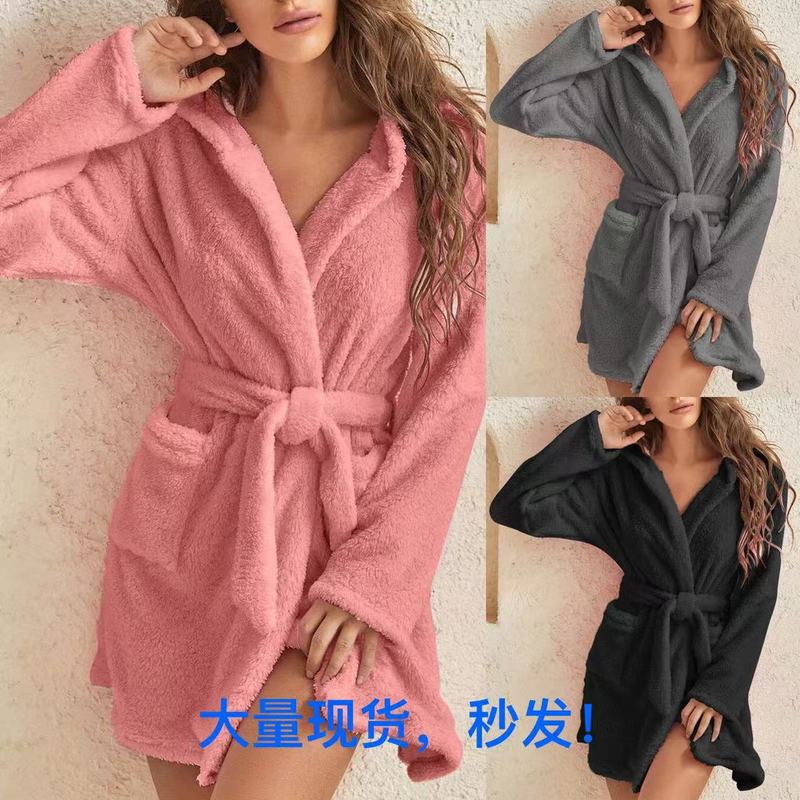 2025 Amazon Explosions Cross-border European and American Foreign Trade Autumn and Winter Hooded Home Plush Pajamas Solid Color Warm Bathrobe Women