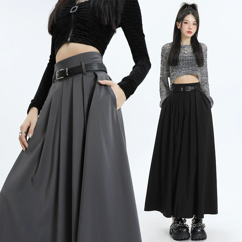 Настоящий серый костюм плиссированная юбка для женщин 2023 Осень Новая маленькая длинная юбка А-силуэта с высокой талией