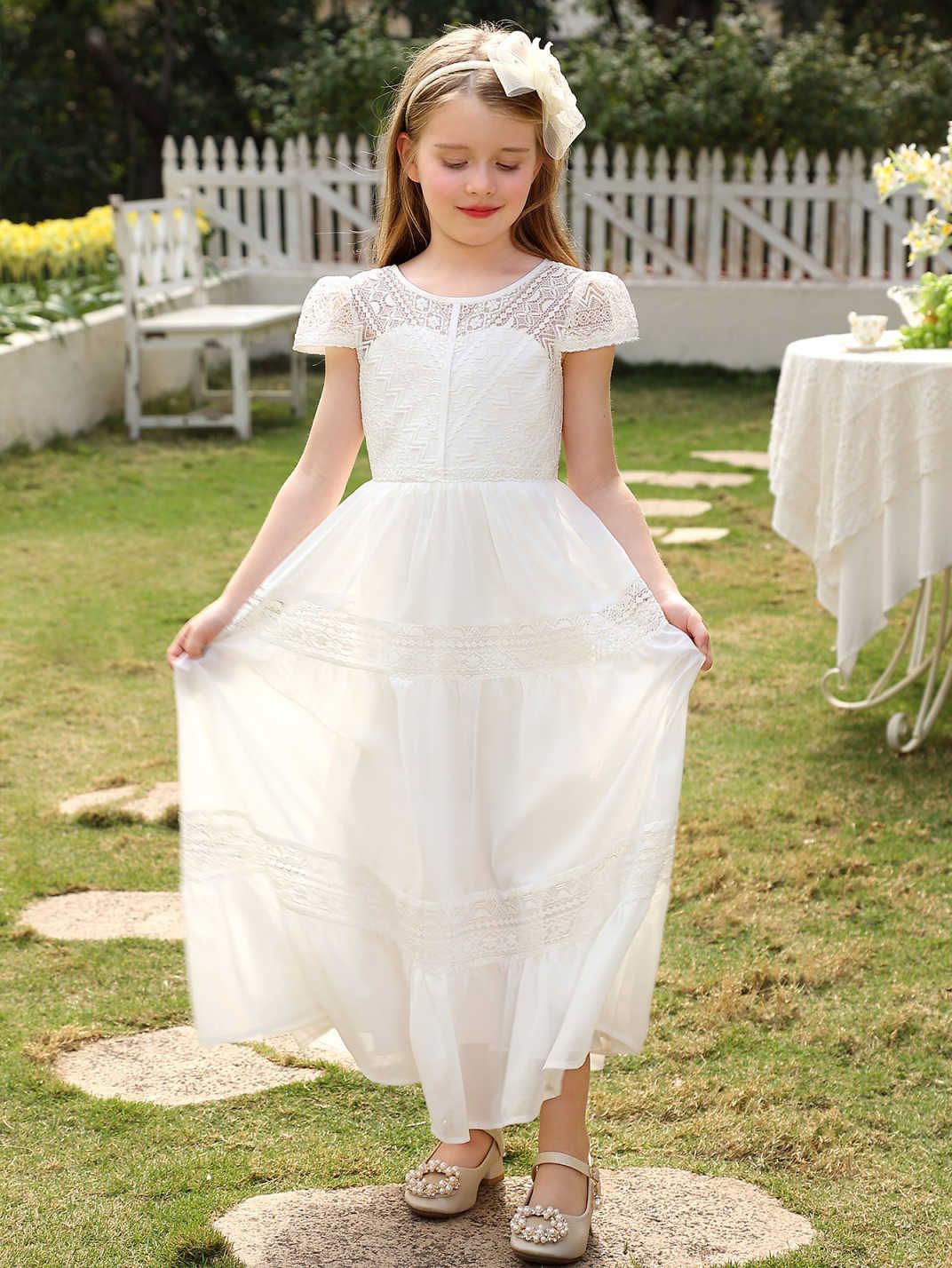 Vestido de princesa para niñas, vestido blanco elegante de manga corta, vestido largo, ropa infantil transfronteriza, vestido de niña para actuaciones, vestido de niña de las flores, vestido de boda