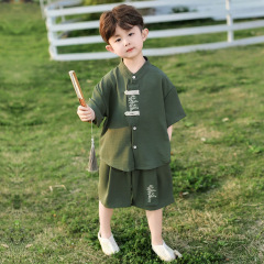 男の子用漢服唐装、夏用涼しい半袖スーツ、子供用古装、中国風、通気性、柔らかい、吸汗性、軽量