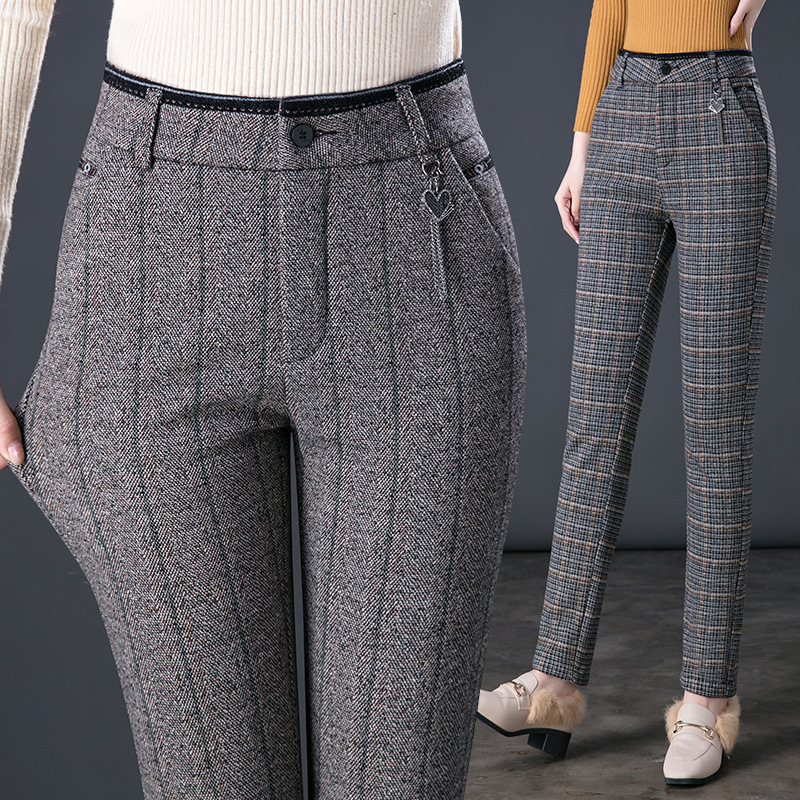 Spring 7021 New Plaid Striped Large Size Women's Pants High Waist Elastic Middle-aged Women's Pants Small Straight Middle-aged All-match