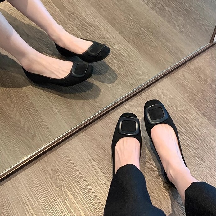 羊皮版~葡萄妈同款气质圆头方扣浅口绒面通勤百搭舒适单鞋女春秋|undefined