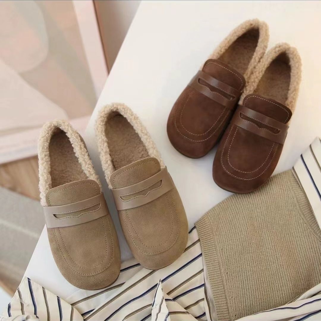 Furry Shoes for Women, Autumn and Winter Outer Wear, Maternity Shoes, One-Legged Lamb Hair Shoes, Internet Celebrity Flats Shoes, Fleece-Lined Cotton Shoes