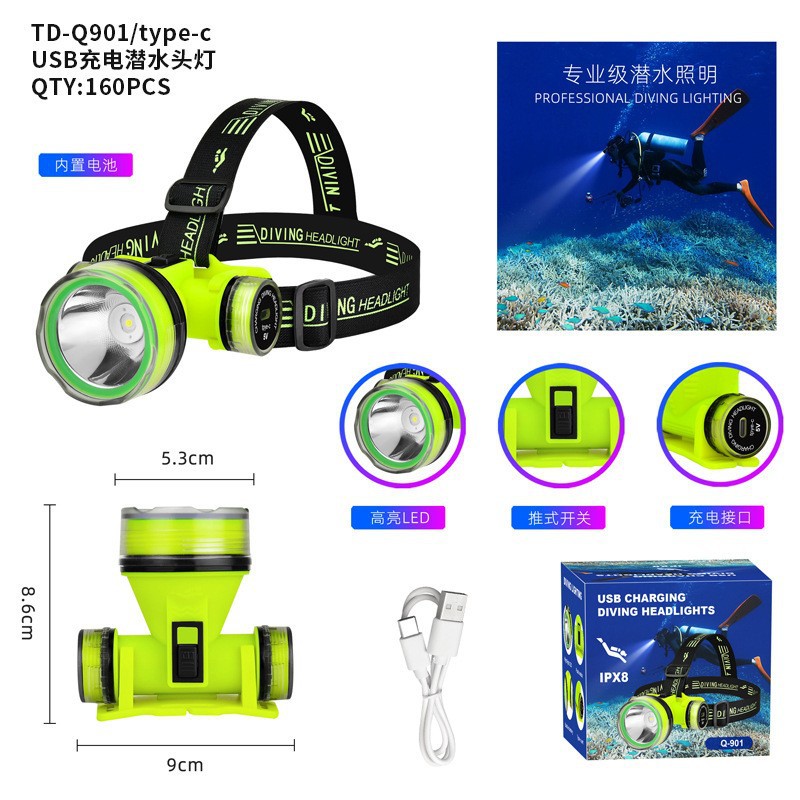 Linterna de buceo LED, carga USB, luz fuerte, luz de largo alcance, iluminación subacuática profesional, linterna de emergencia portátil impermeable