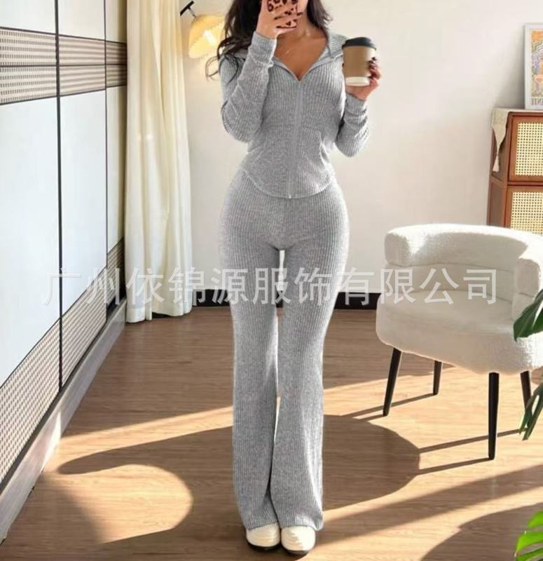 2025欧美跨境外贸女士修身春秋休闲拉链上衣长裤舒适套装|undefined