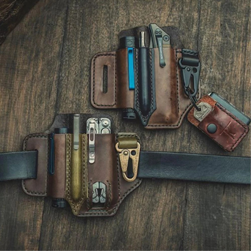 En stock EDC herramienta táctica al aire libre caso de cuero linterna plegable cuchillo Funda de cuero equipo de supervivencia al aire libre bolso de la cintura