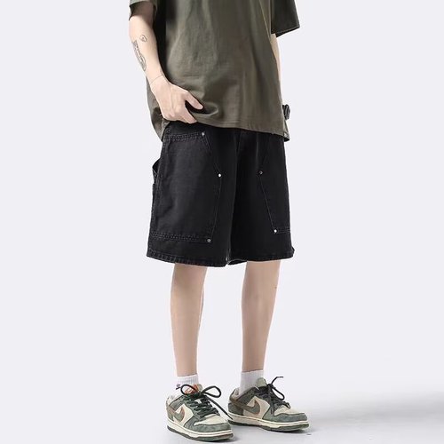 American-style high-street vintage denim shorts with big pockets, men's trendy brand loose-fit straight-leg capri pants, men's casual mid-length trousers—on-trend design