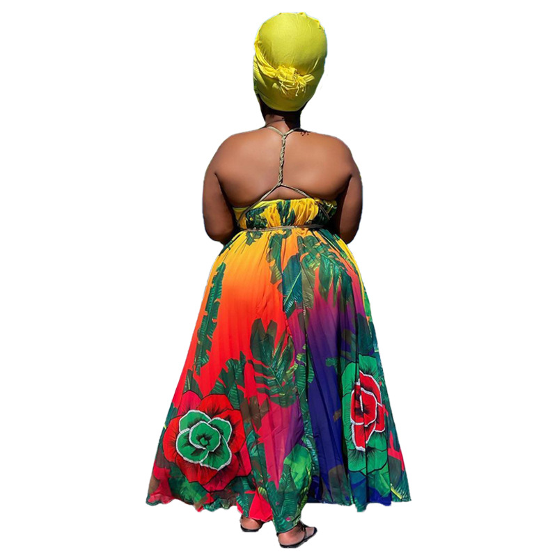 Women's Clothing ins women's clothing Summer fashion pleated straps printed backless large size large swing skirt_voghion.com