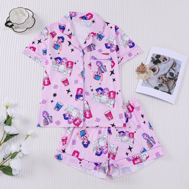 跨境外贸新款女士睡衣印花翻领短袖短裤欧美家居服women pajama|undefined
