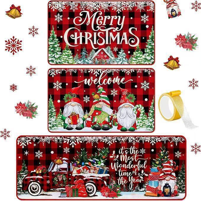 Cross-border Christmas kitchen floor mat three-piece set, corridor dirt-resistant and wear-resistant foot mat, home use long strip dustproof decorative floor mat