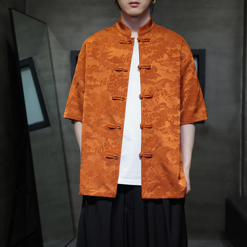 New Chinese-style Buckle Tang Suit 2024 Shirt Men's Summer Thin High-end Short-sleeved Hanfu with Dark Pattern Collar Zhongshan Suit