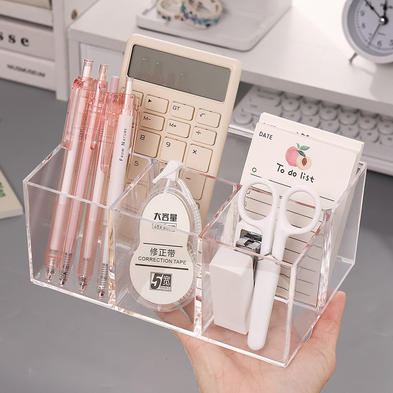 アクリルペンホルダー透明バケツオフィス本デスクトッププラスチック文房具分格学生マークカラー絵筆収納ケース|undefined