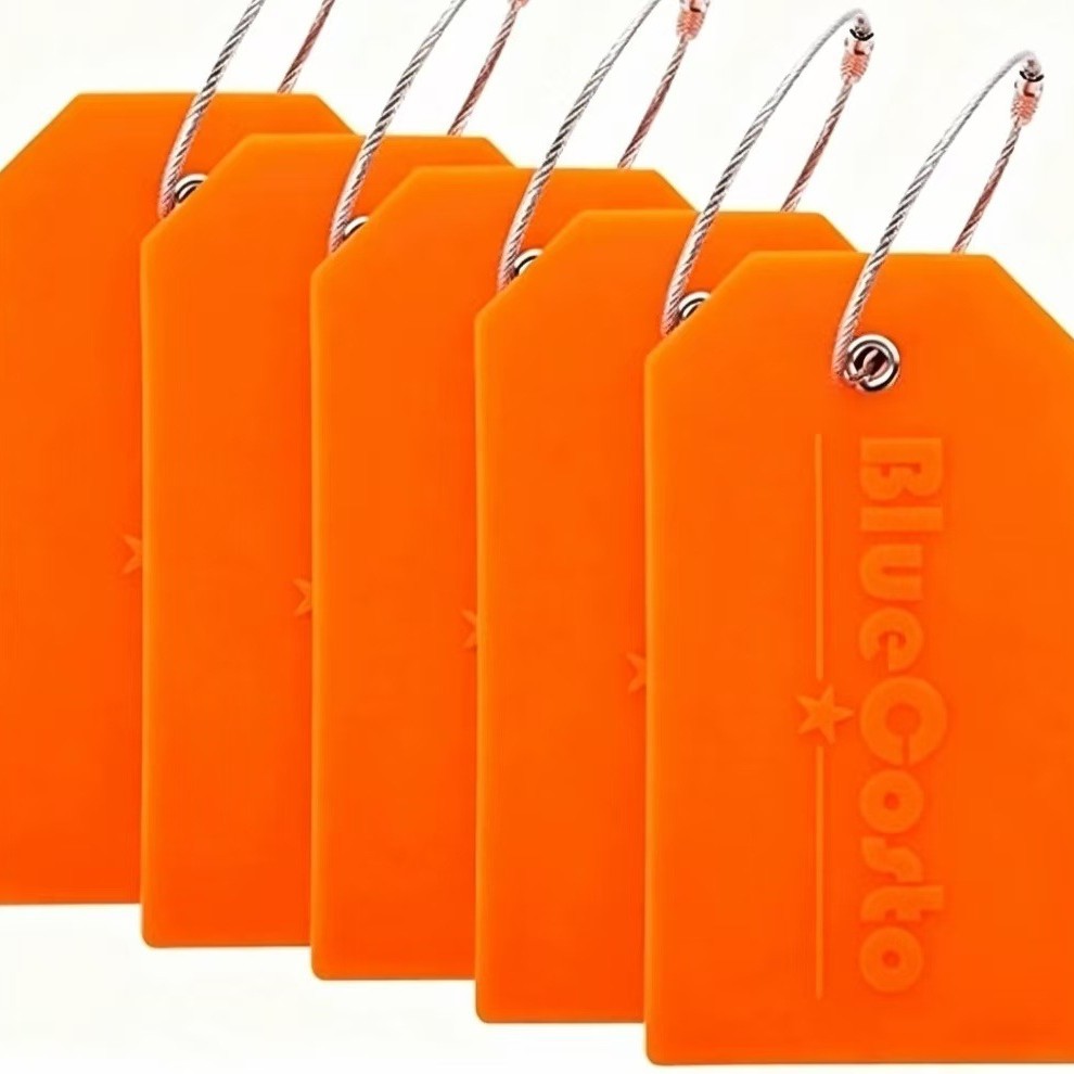 PVC luggage tags, available for wholesale. Matte PVC luggage tags with steel wire lanyard