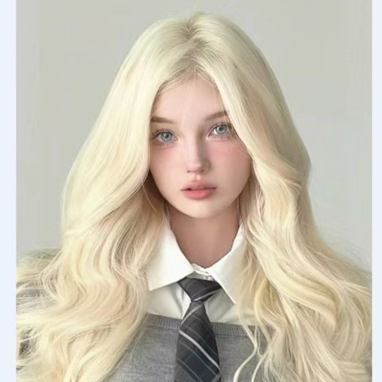 False Headset Women's Long Curly Hair Eight-character Bangs Golden Natural Fluffy Big Wave lolita Cyber Celebrity Long-roll Full Headset