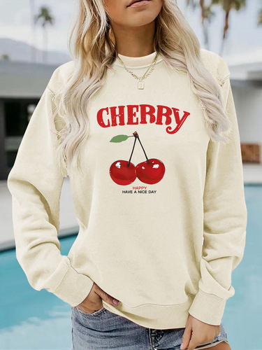 European and American cross-border autumn and winter women's casual long-sleeved round neck CHERRY cherry print crew neck sweatshirt batch
