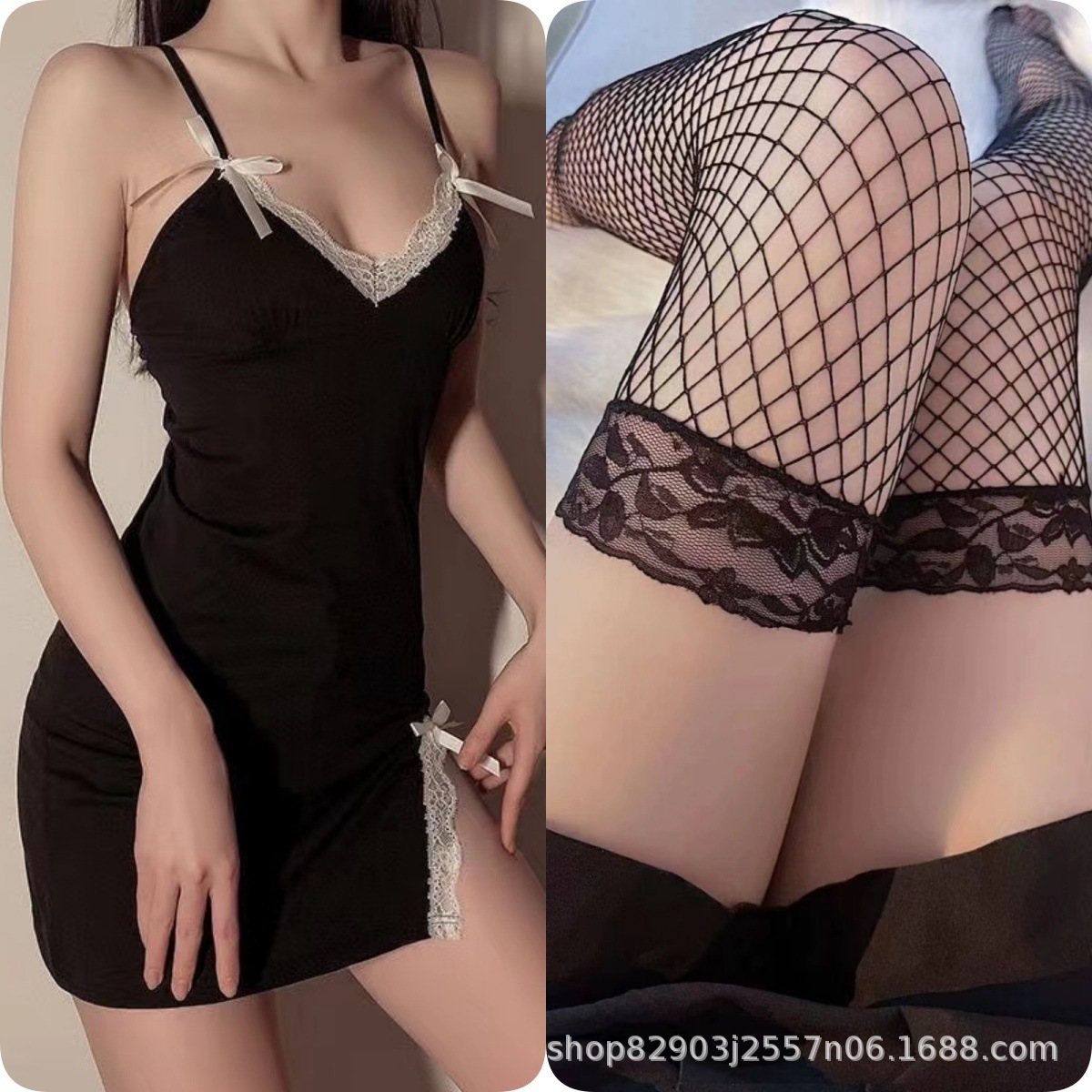 검은색 잠옷 + 검은색 망사스타킹 q1311