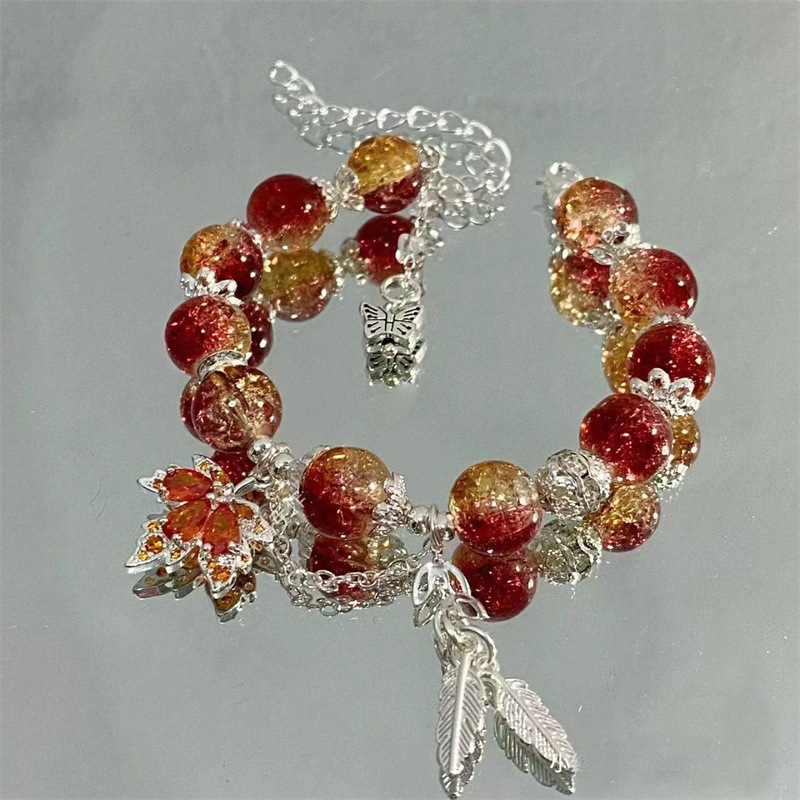 New Chinese-Style Red Maple Leaf Bracelet for Women, Fashionable and Versatile, with Glass Beads and Maple Leaf Pendant Crystal Bracelet