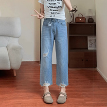 巨好看的破洞牛仔裤2026新款女夏薄款胖mm设计感烫钻直筒裤子九分
