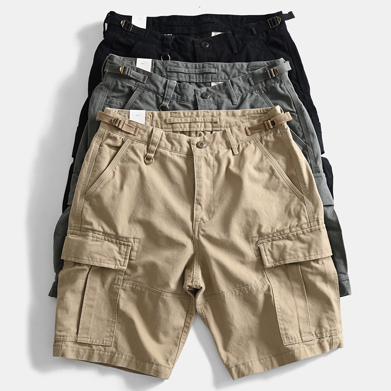 Heavyweight American Retro Loose Straight Cargo Shorts Summer Casual Multi-Pocket Men's Knee-Length Shorts