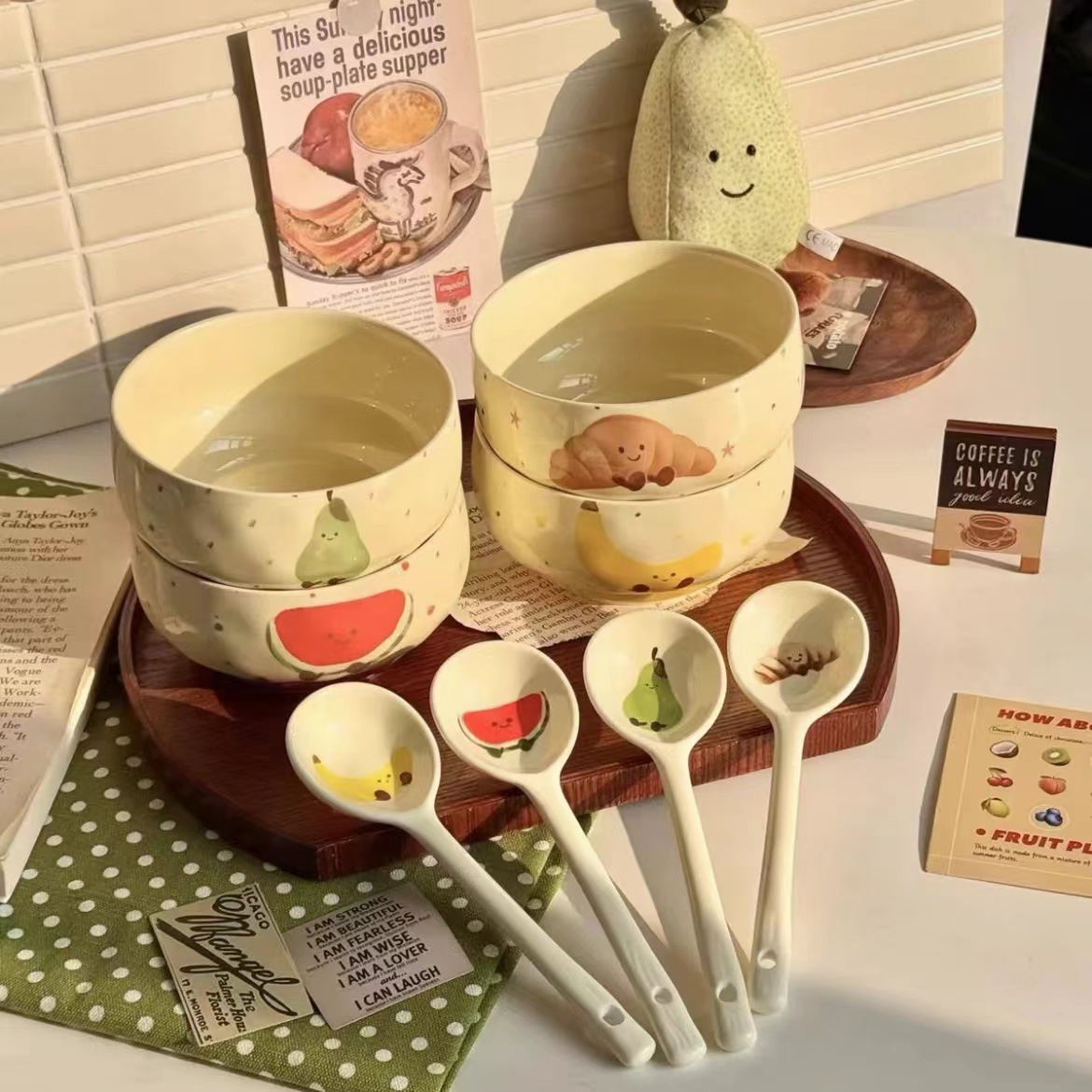 【4 bowls and 4 spoons】Fruit croissant-Rice bowl【one in each of four colors】+【Fou…
