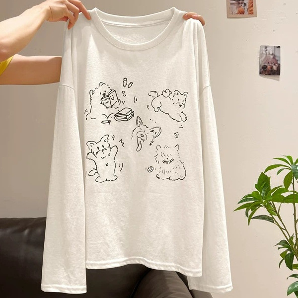 Pure Cotton Long-Sleeve T-Shirt with Dog Print Design for Women, Summer New Style, Oversized Loose Niche Top, Trendy Base Shirt