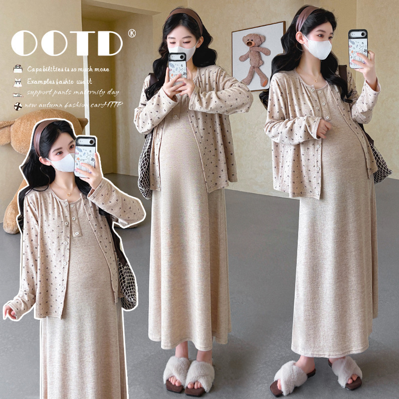 Maternity Wear 2026 Autumn New Korean Style Camisole Dress + Floral Cardigan Two-Piece Set Maternity Dress