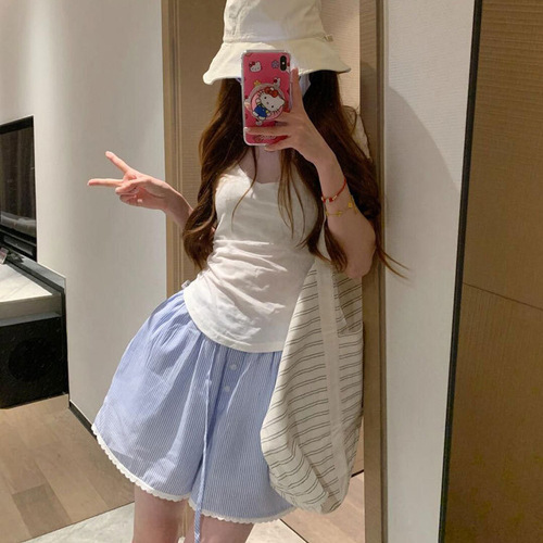 Women's Summer High-Waisted Drawstring Breathable Quick-Dry Sweet and Spicy Wide-Leg Beach Shorts with American Blue Stripes