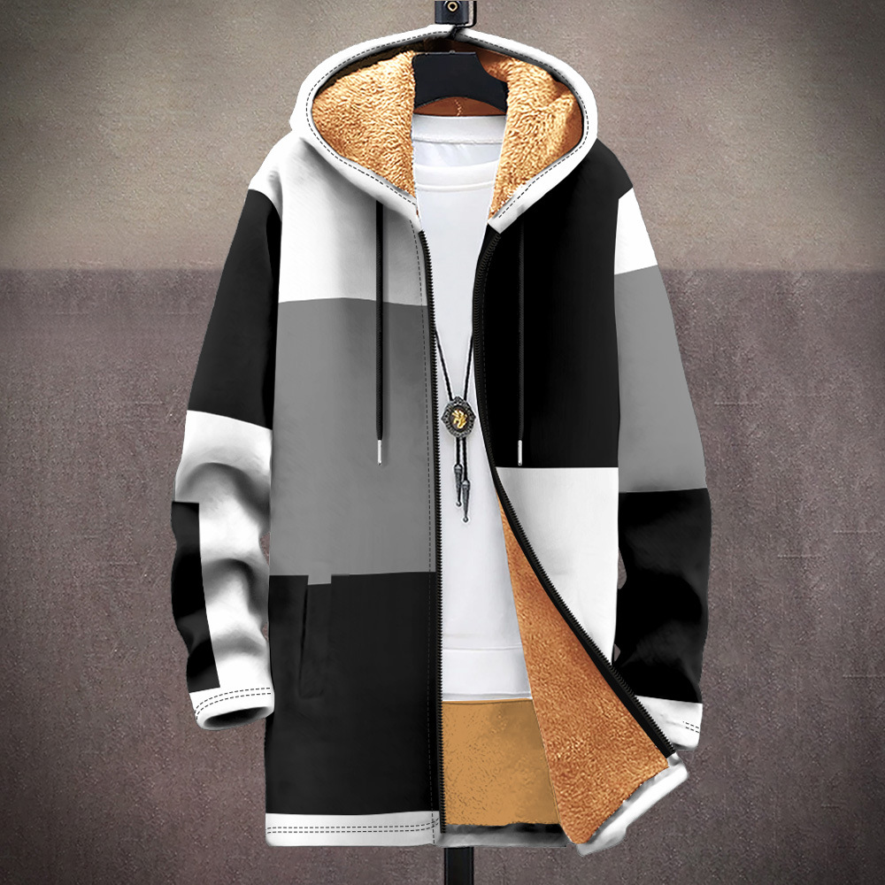 New men's multi pattern cotton jacket with plush insulation 3D printed hooded cardigan zipper pocket thickened British_voghion.com