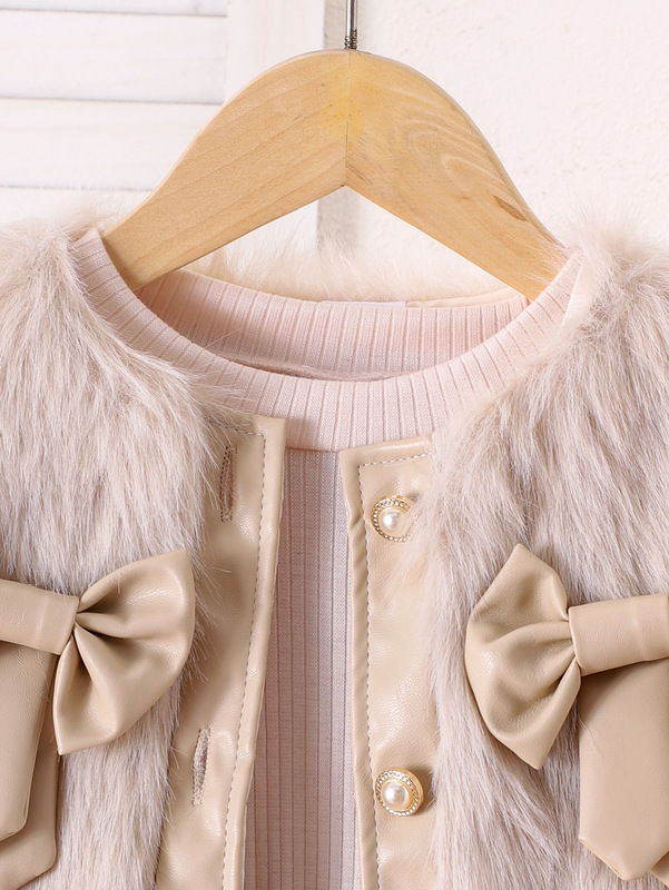 Kids clothing 跨境外贸秋冬新款小童杏色毛毛马甲打底衫百褶短裙|undefined