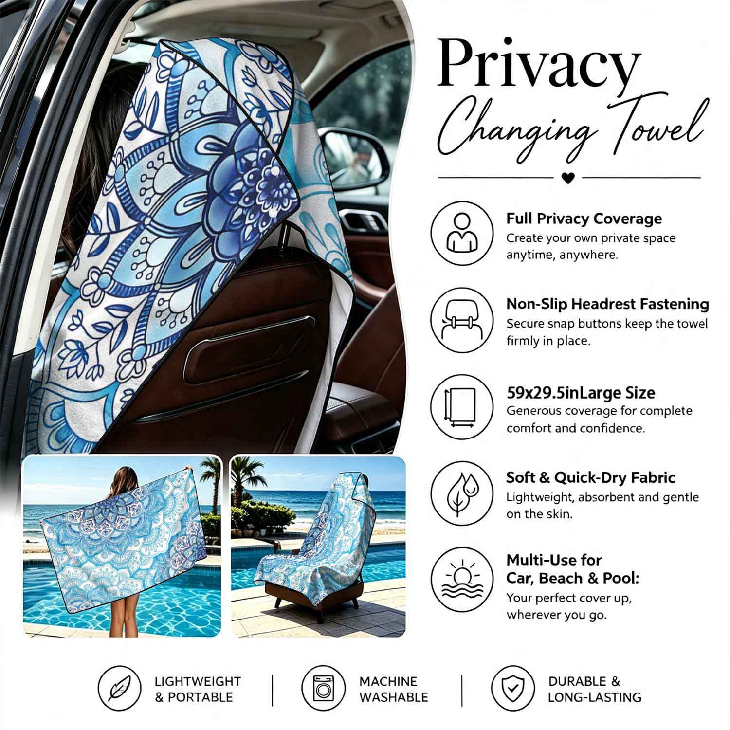 Printed bath towel and car seat cover 2-in-1, ultra-fine fiber outdoor beach and car dual-use universal seat cushion