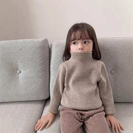 女童2025秋冬装半高领毛衣宝宝纯色百搭宽松坑条针织衫男童打底衫