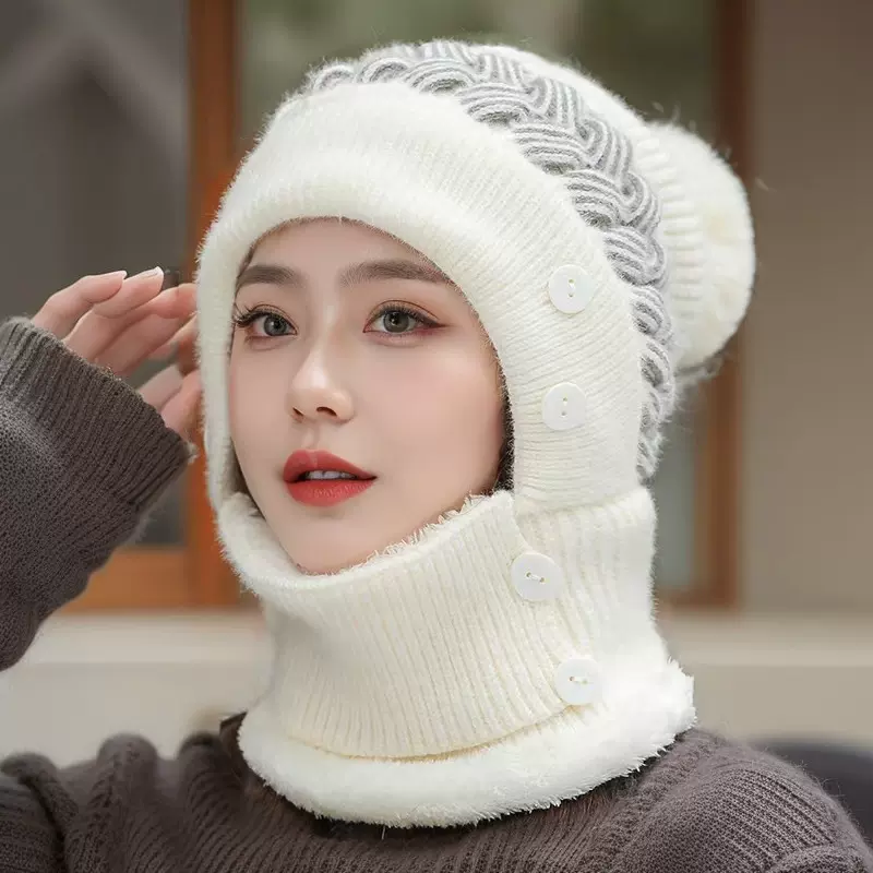 冬季保暖帽子女围脖口罩连体针织毛线帽加绒加厚护耳风雪帽妈妈帽