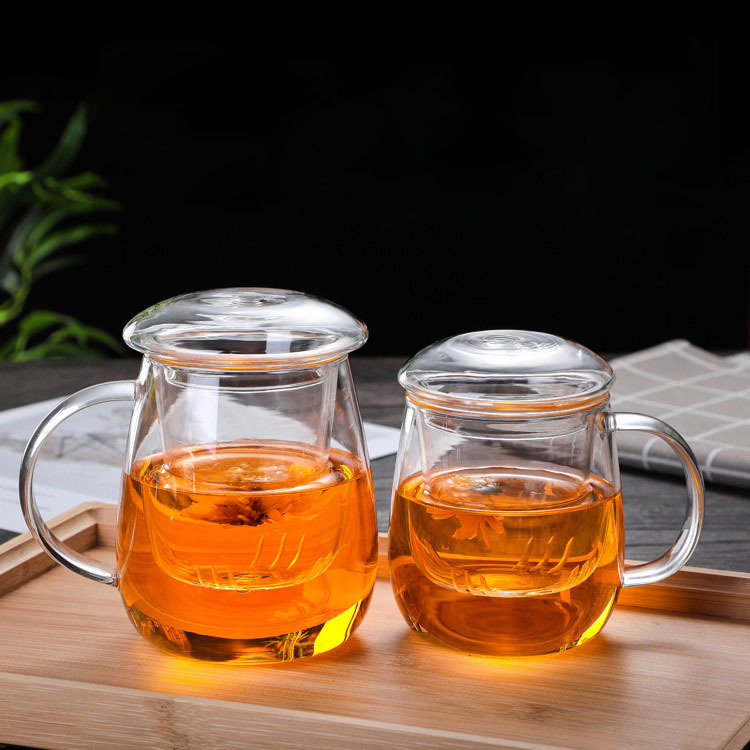 Household Flower Tea Cup with Lid Glass Cup with Told Filter Tea Cup Mushroom Cup Office Three-piece Cup Drinking Cup