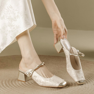 Baotou Half Slippers for Women's Summer Outer Wear 2025 New Chinese Style Fairy Thick Heels with Skirts and One-Line Sandals