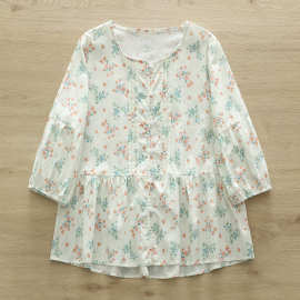 夏装洋气碎花印花全棉中袖衬衫 女2024宽松显瘦七分袖衬衣上衣