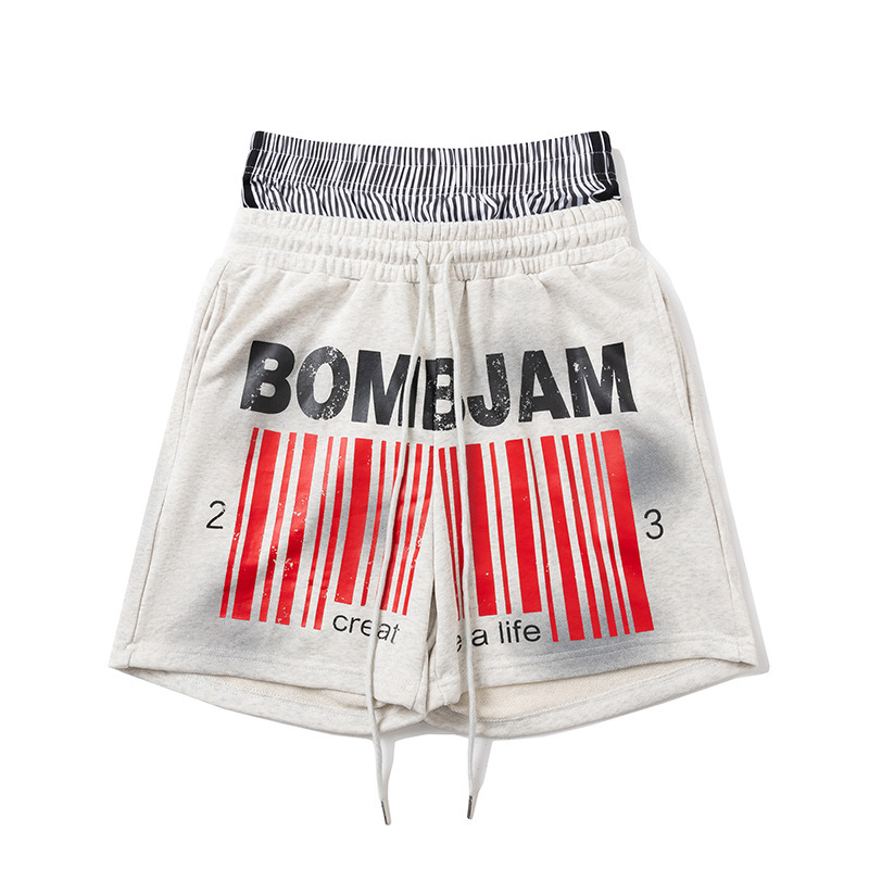 Qihong Clothing American-Style Dirty Print Qr Code Double Waistband Trendy Brand Fashion Versatile Loose Shorts