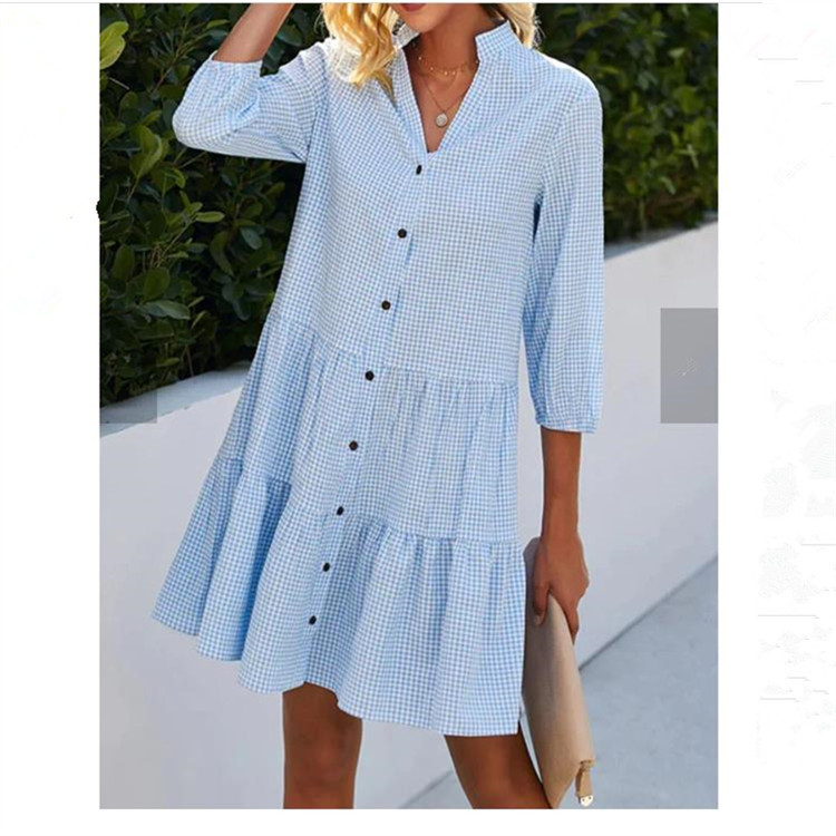 2023 Independent Station Cross-Border European And American Fashion Spring Three-Quarter Sleeve Women's Plaid_ecoleips.com