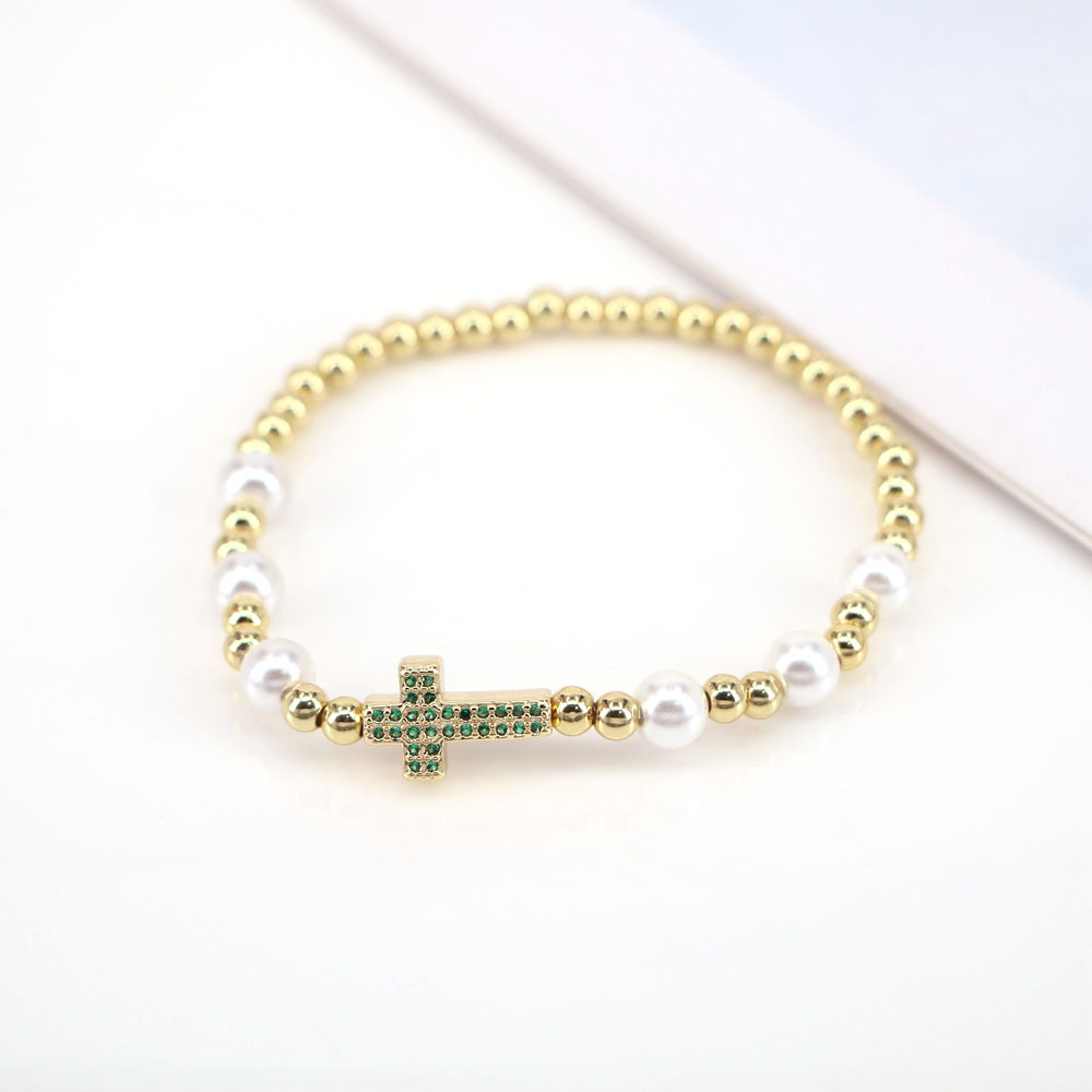 Fashion Cross Copper Bracelets Gold Plated Pearl Zircon Copper Bracelets