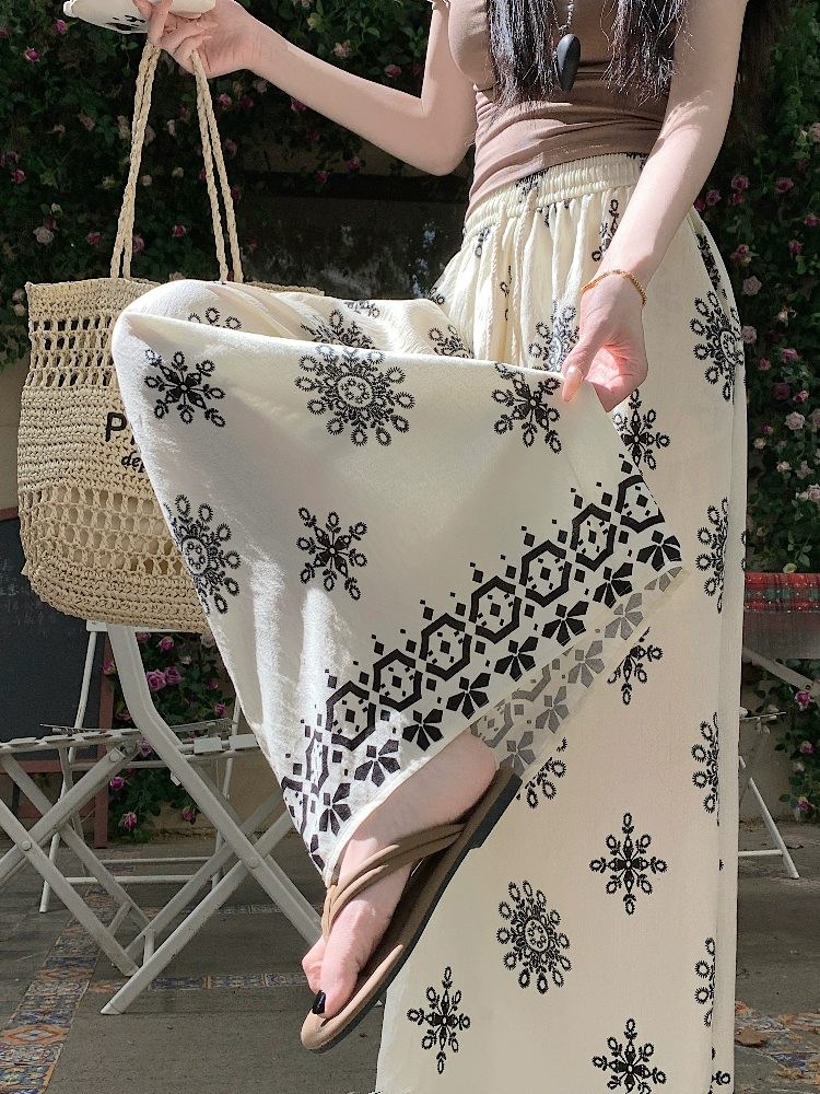 Широкие брюки в этническом стиле с цветочным принтом в стиле ретро, ​​юбка для женщин, летние тонкие свободные утягивающие прямые универсальные повседневные брюки с высокой талией