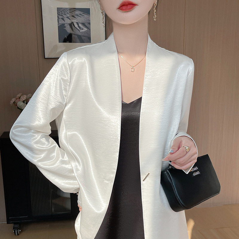 Acetic Acid Satin Silk 2025 Spring Summer and Autumn New Jacquard Suit Women's Workplace Cardigan Commuter Top Jacket