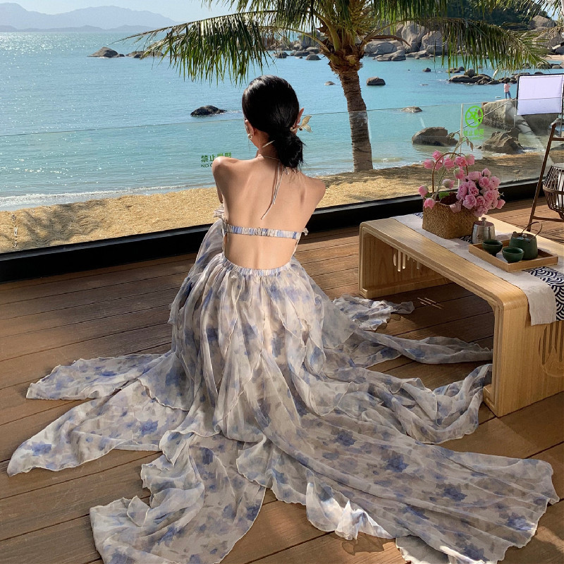 French-Style Blue Floral Halter Neck Dress for Women, Summer Niche Design, Petite Waist-Cinching Backless Sleeveless Dress French-Style Blue Floral Halter Neck Dress for Women, Summer Niche Design, Petite Waist-Cinching Backless Sleeveless Dress