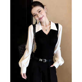 温柔风减龄显瘦软糯松弛感格纹上衣女2026早春新款设计感撞色小衫