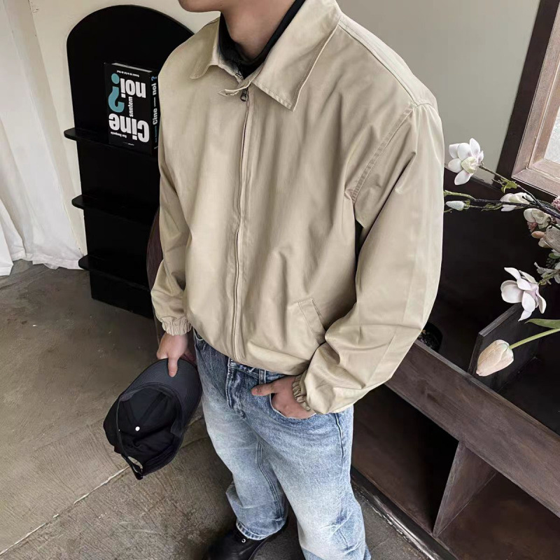 Spring and Autumn American Retro Short Wide Harrington Jacket for Men, Versatile Solid Color Turn-Down Collar Casual Workwear Top Coat, Trendy