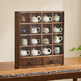 Solid Wood Dust-Proof Tea Cup Rack Tea Set Rack Storage Cabinet Teapot with Glass Countertop Bogu Rack Chinese Desktop Storage Rack