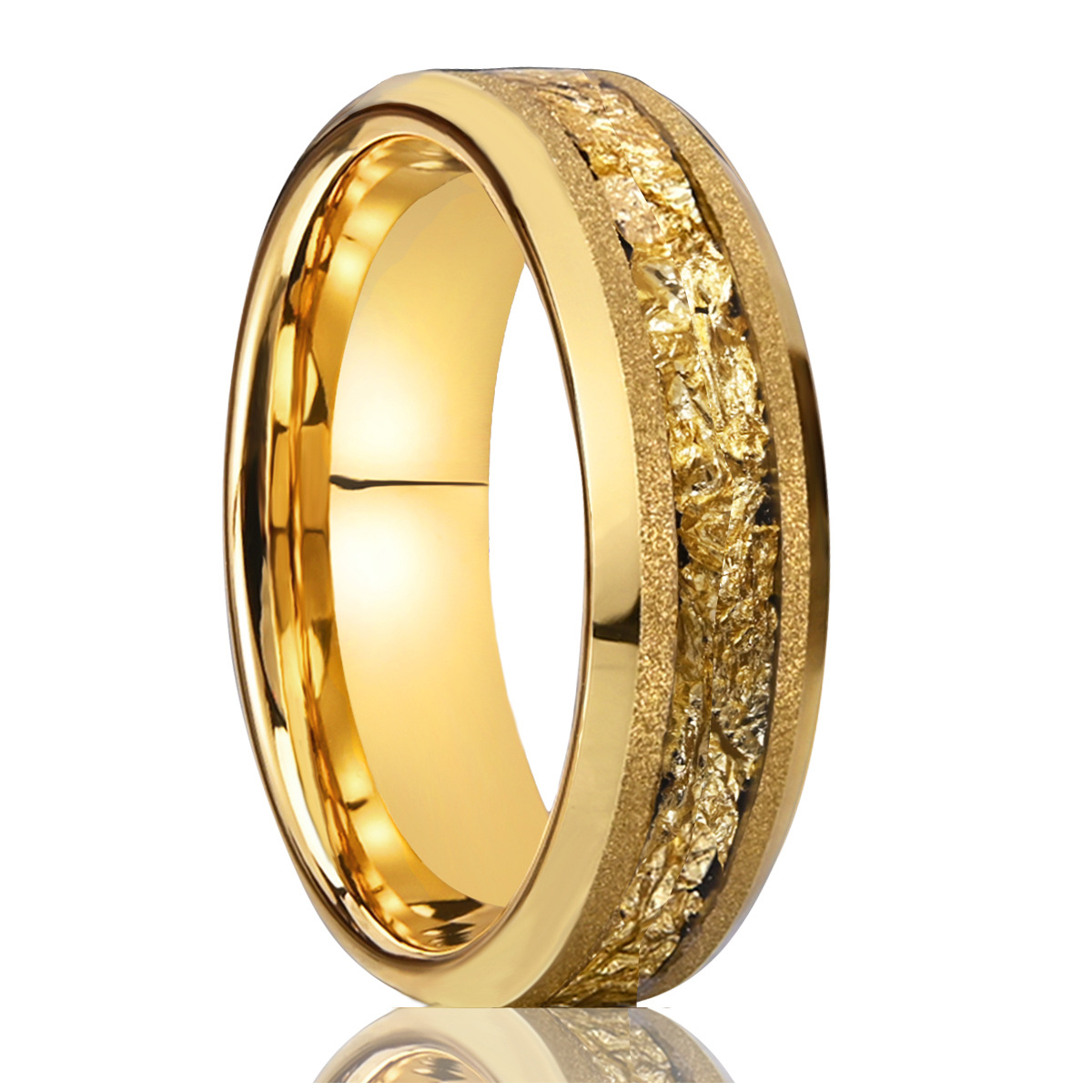 6 Wide Tungsten Steel Gold Sandblasted New Ring Inlaid with Gold Foil Men's Ring One-Piece Hot-Selling Couple Ring