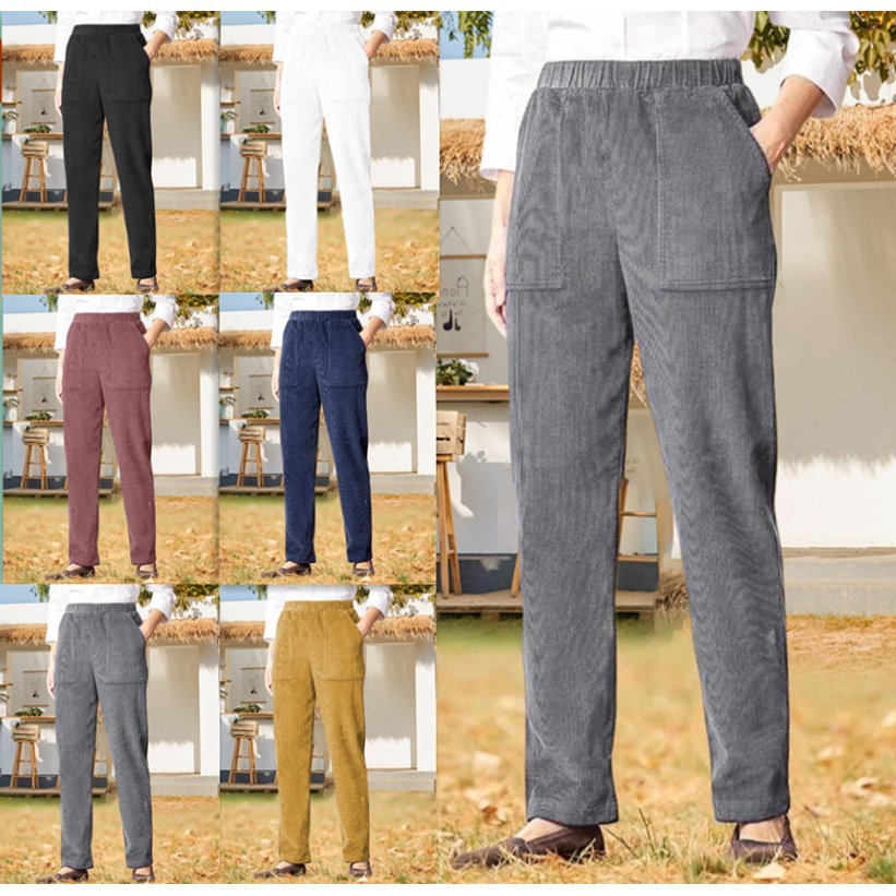 2025 New Cross-Border European and American Style Women's Corduroy Solid Color Pocket Straight-Leg Casual Pants with Elastic Waist Long Pants for Women