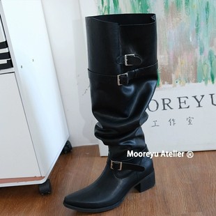 2025 Autumn and Winter Style Inner Heightening Black Pile Boots, Over-The-Knee Two-Wear Thick Heel Long Western Cowboy Boots for Women