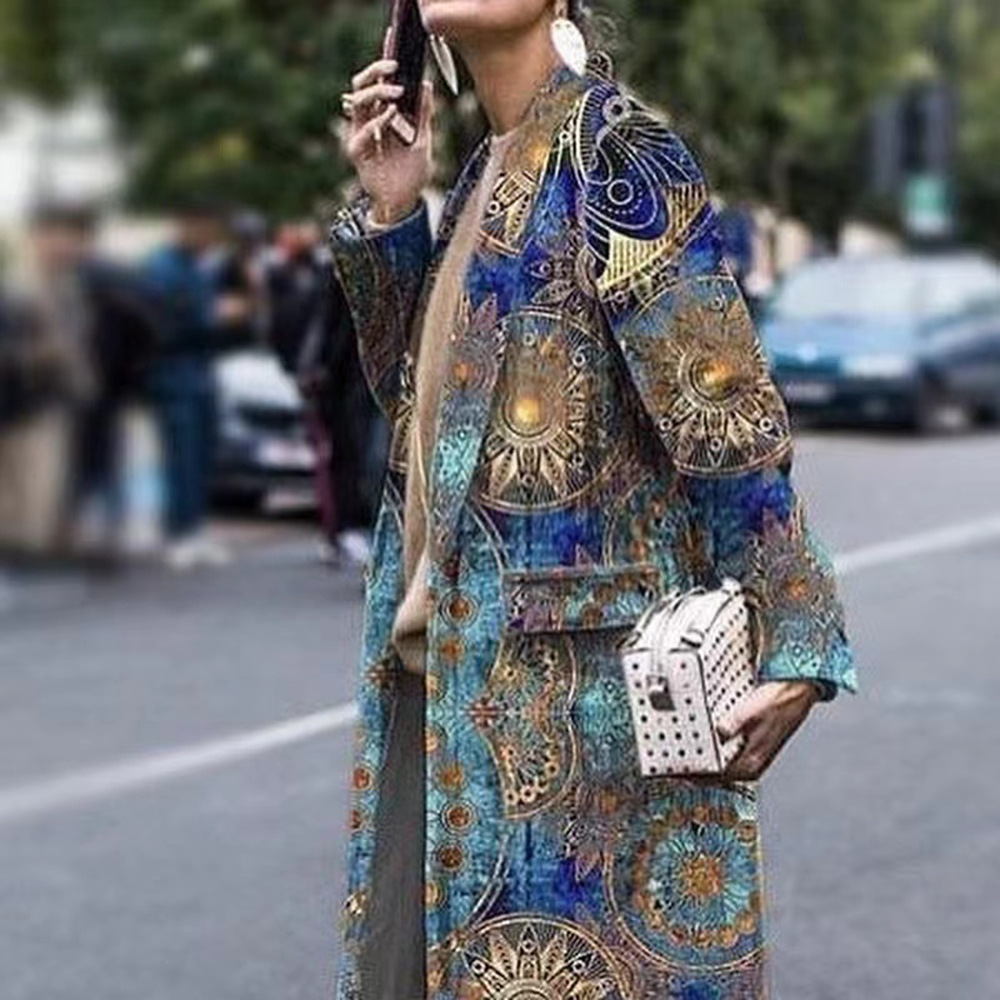 Women's Clothing Autumn and Winter New Women's Fashion Long Sleeve Lapel Jacket Printed Tweed Long Coat_ipsvogv.com