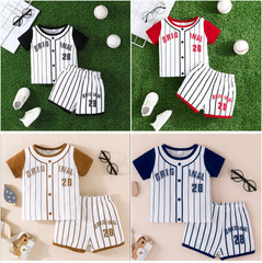 2024 Spring Round Neck Set for Infants and Toddlers, Linear Button Print Black and White Fashion, Versatile Sporty Casual New Arrival