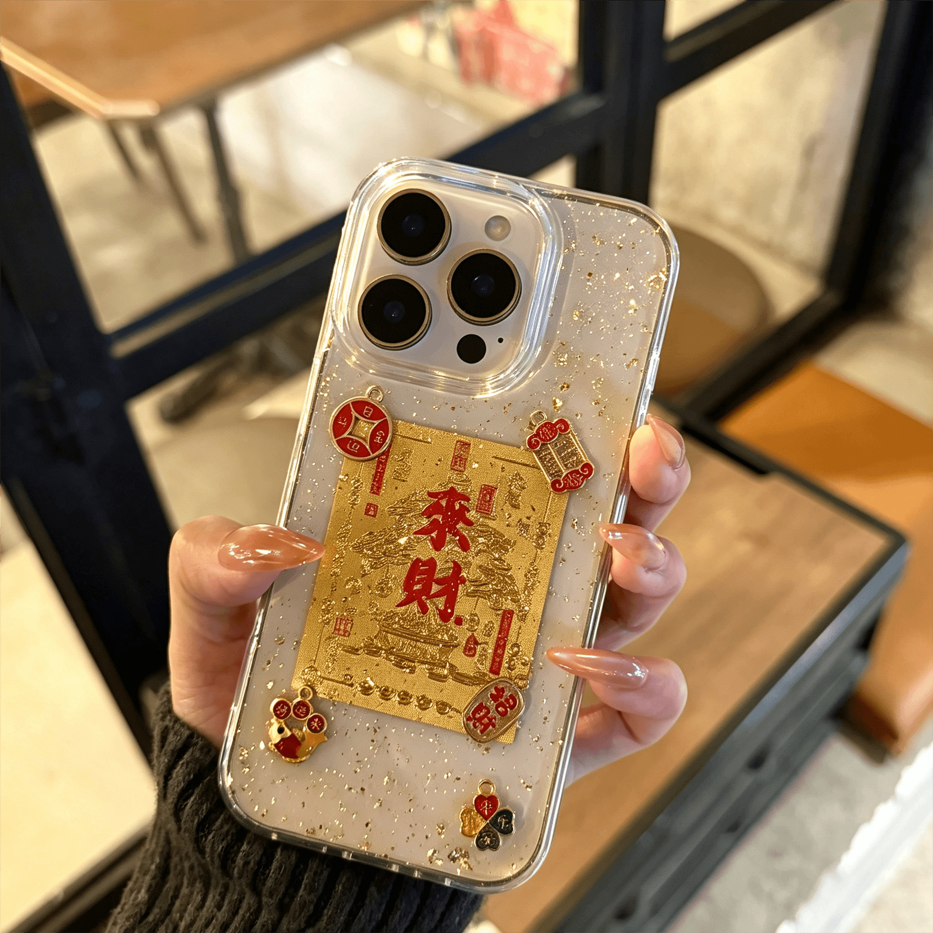 适用苹果18promax手机壳iphone17滴胶金箔来财招财16pro新款X创意
